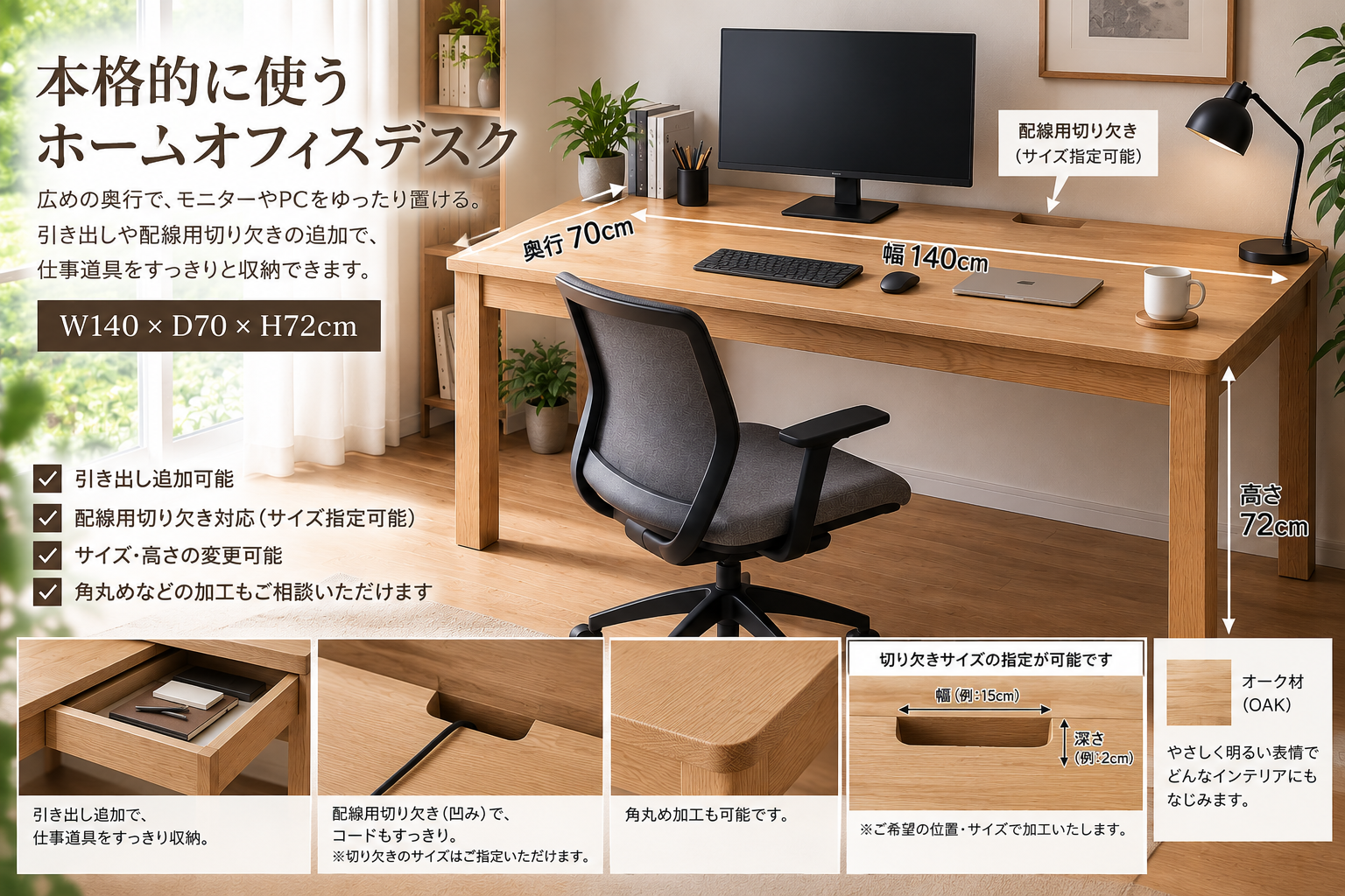 オーク材の幅140cm奥行70cm高さ72cmの本格ホームオフィス用サイズオーダーデスク
