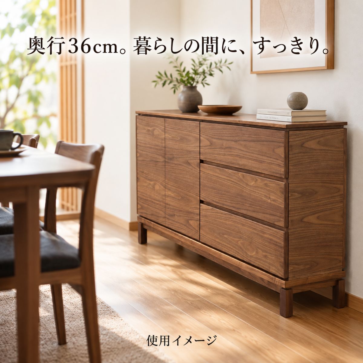 ダイニングの壁際に置いた奥行36cmのE：WⅡ薄型サイドボードの使用イメージ