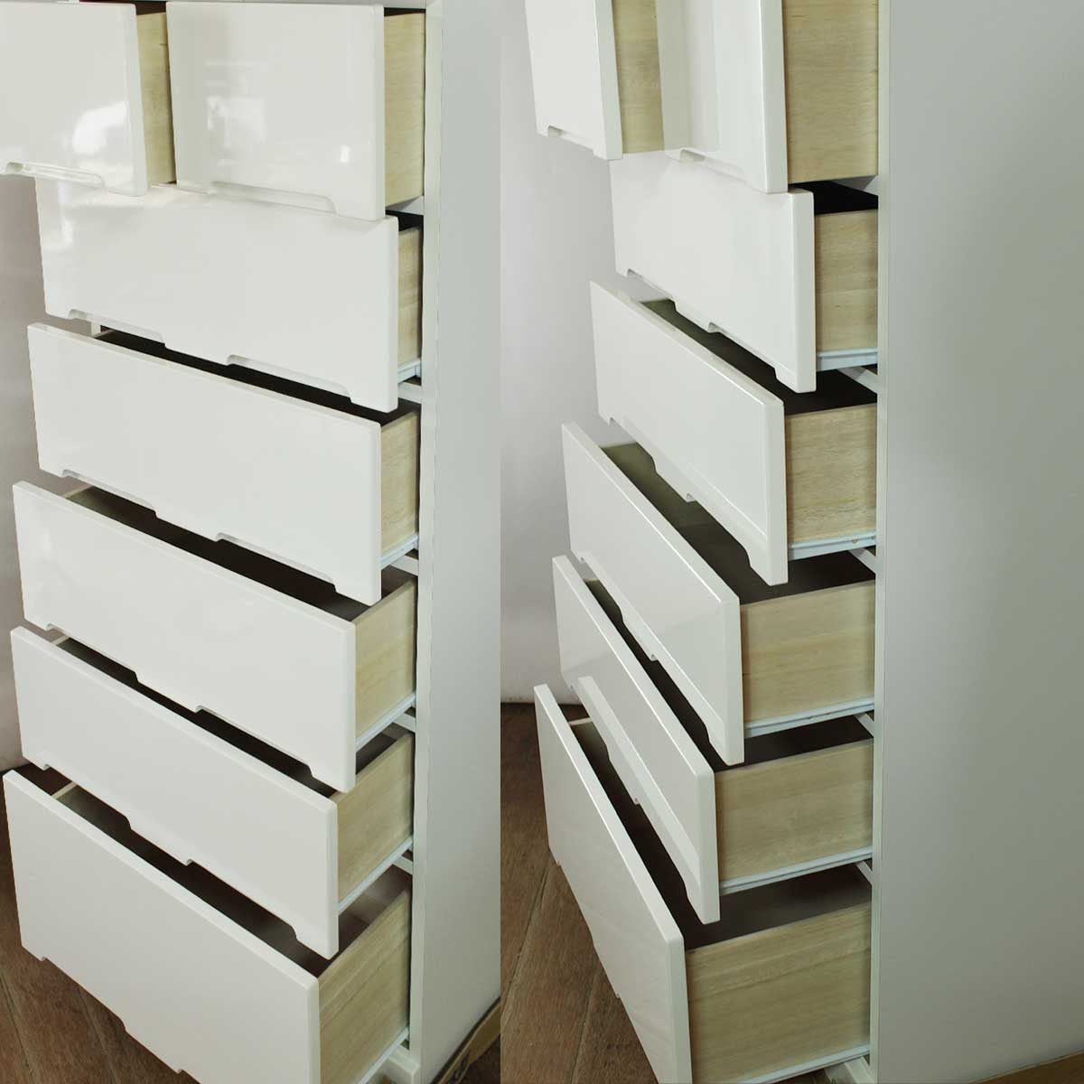 50センチ幅（幅50）タワーチェスト「アイクーリ」は、引き出しは一番下と小引き出し以外全て同じサイズになっています