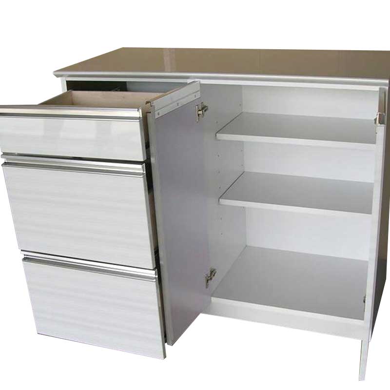 幅110センチ「アースⅡ」キッチンカウンターは、引出しはスライドレール付、扉は観音開きです。