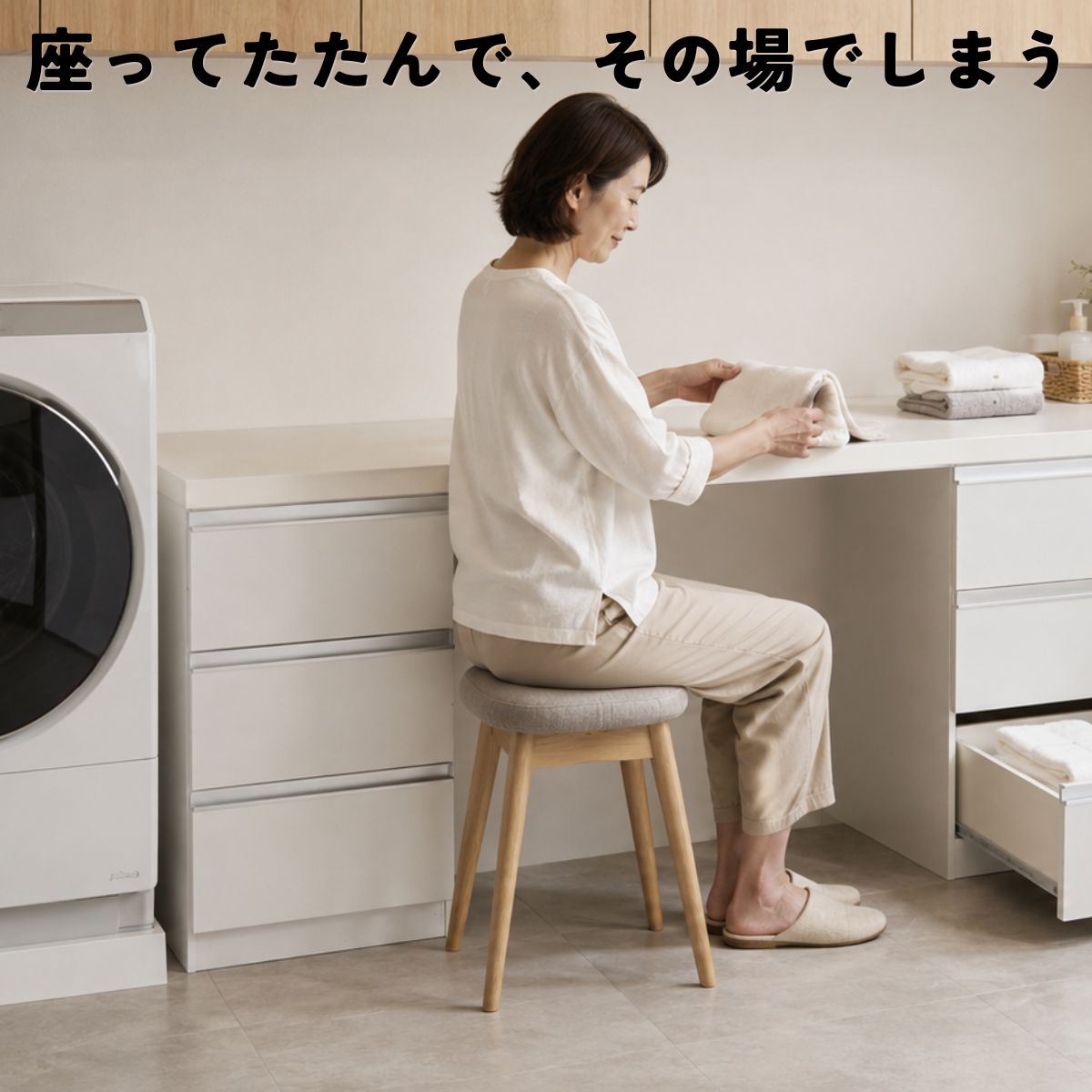 洗濯物を座ってたたみ、その場で収納できる日本製ランドリー収納シエル