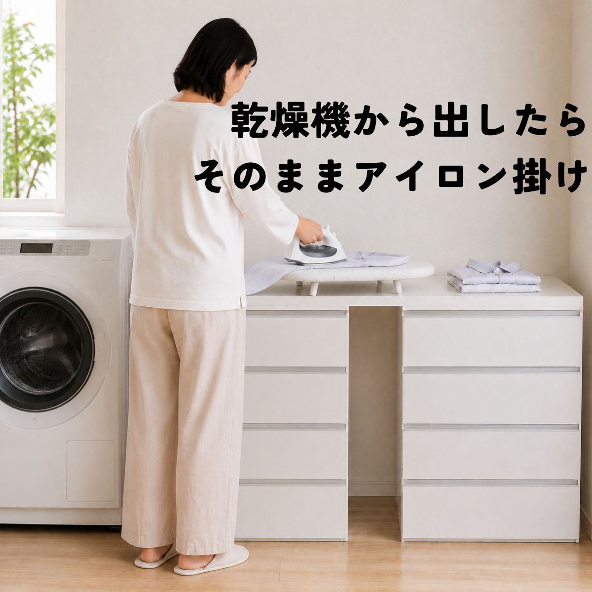 シエルの天板に卓上アイロン台を置いてアイロンがけをする様子