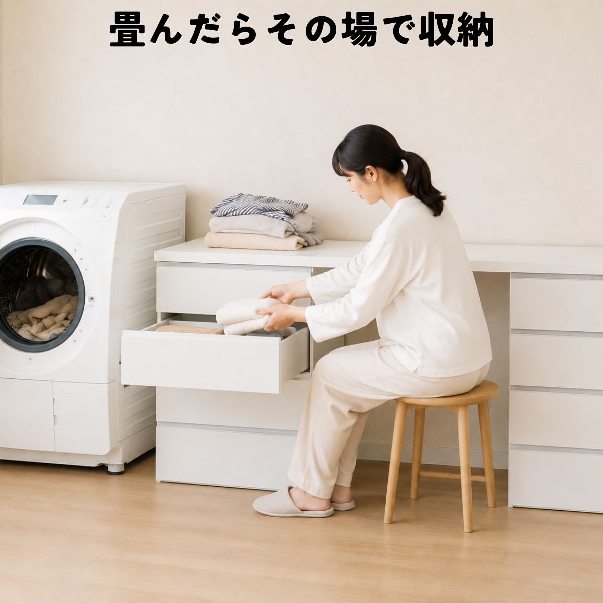 スツールに座ったままたたんだ衣類を引き出しへ収納する様子