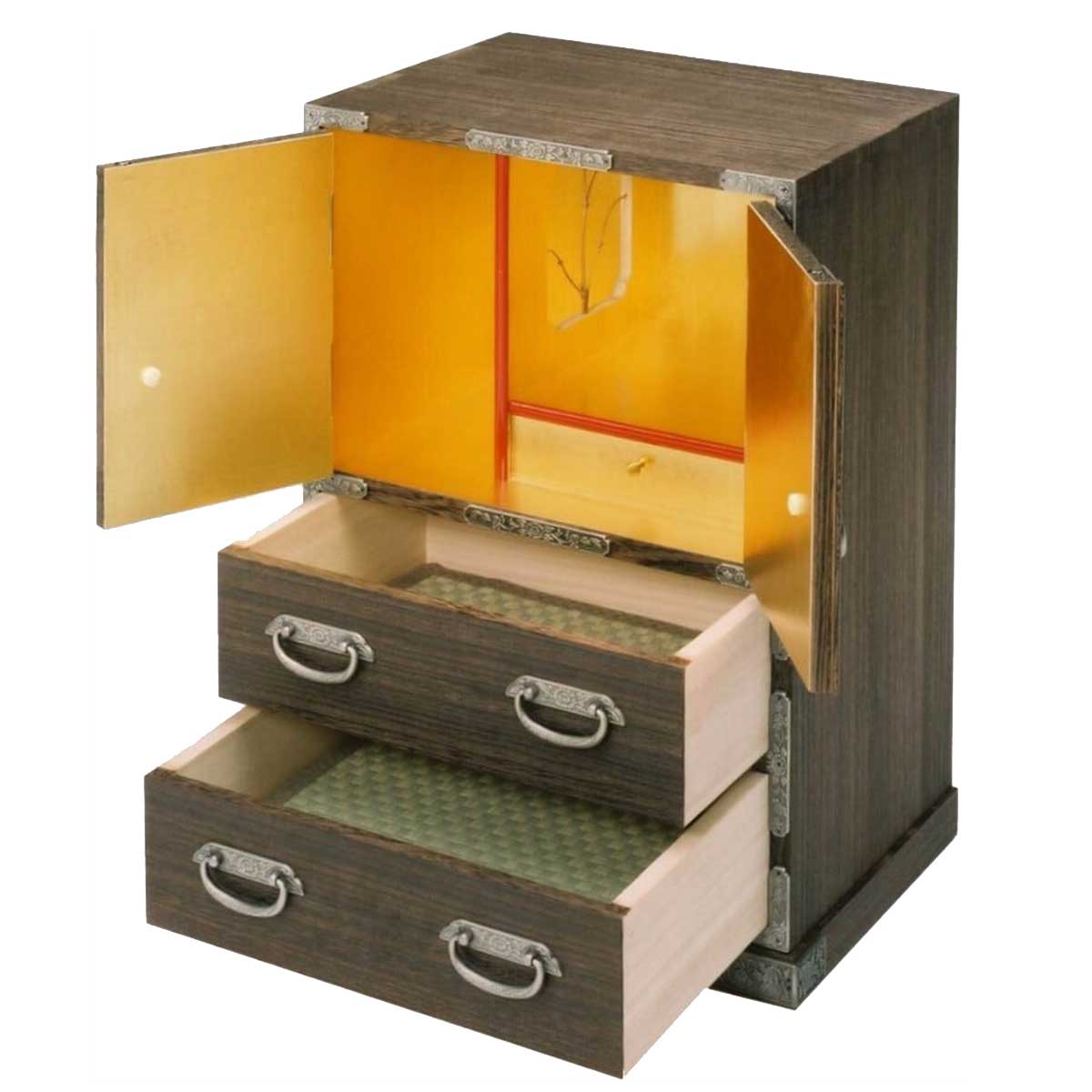 高級総桐飾り箪笥　牡丹（BOTAN）、開戸開けると目映い黄金空間、扉の内側には組子。