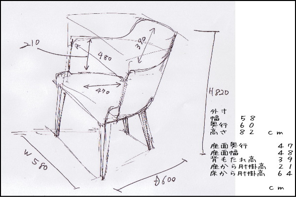 【全体】幅58　奥行60　高さ82　センチ【座面】奥行47　座面幅48　背もたれ高39　座から肘掛高21　床から肘掛高64　センチ
