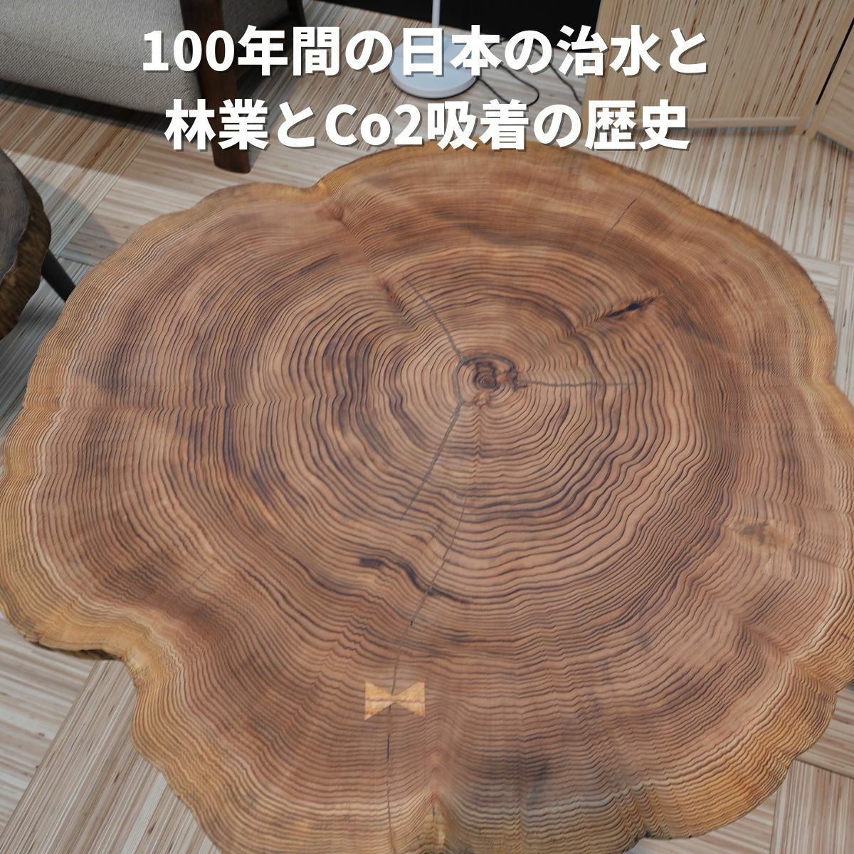 樹齢約100年の小国杉を使用した直径100センチ程の丸太テーブル | 大川
